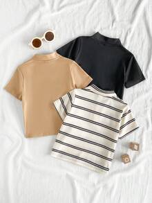 SHEIN Vintaside Kids Bộ 3 áo thun tay ngắn phong cách tối giản màu trơn cho bé trai, đen, trắng, xám carbon, thời trang và đa năng, thích hợp cho các hoạt động vui chơi ngoài trời, giải trí tại nhà, thể thao và thể hình, tiệc tùng, v.v. - Nhiều màu - Xem 2