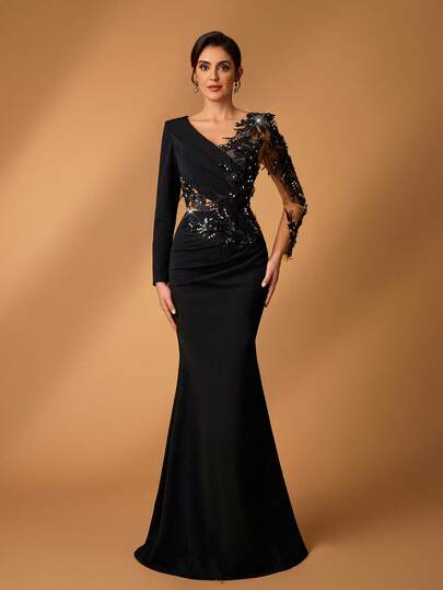 Serin Elegant Luxurious Beaded, Sequin, Bubble Embroidered Lace Applique Sheer Sleeve Mesh Splice Elastic Ruched Fishtail Skirt, Suitable For Wedding, Party, Holiday, Bridal, Mother Of The Bride Evening Gown