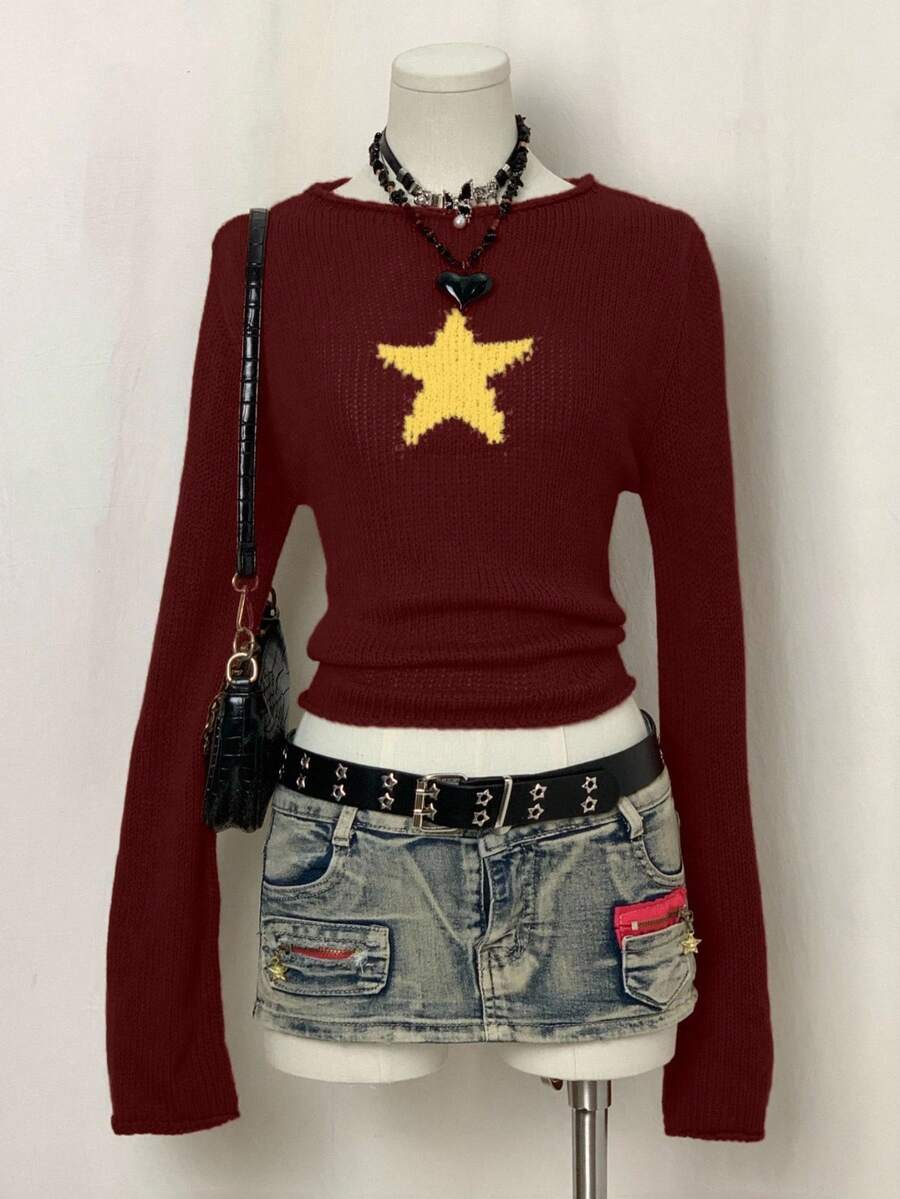 EgrlEra Áo len dài tay họa tiết ngôi sao năm cánh thường ngày dành cho nữ, Thu/Đông - Đỏ - Xem 1