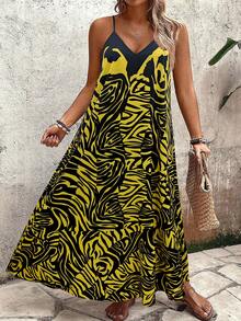 Breezaya Plus Size Women's Vintage Bohemian Style Yellow & Black Abstract Print V-Neck Maxi Dress, Loose Fit Beach & Casual Wear Summer New Arrival Casual Maxi Dress Maxi Dress Women Yellow Sundress Women Yellow Maxi Dress Maxi Vacation Dress - Multicolor - View 4