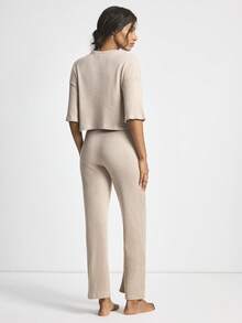 Ocili 女士休闲柔软华夫格针织套头衫和裤子睡衣套装，舒适时尚的秋冬睡衣 - 卡其色 - 查看 3