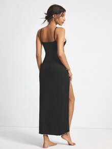 Ocili Spaghetti Strap Dress With Slit, Frill Trim, Rib Knit, Women Loungewear - Black - View 3