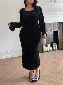 Dazy Plus Đầm Valentine cỡ lớn dành cho nữ, chất liệu nhung lấp lấp lánh, cổ vuông, tay áo xòe, ôm sát, thích hợp cho tiệc chiêu đãi, hẹn hò, liên hoan mùa thu/đông. - màu đen - Xem 9