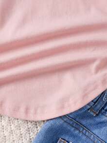 SHEIN Áo thun dệt kim cổ bẻ màu trơn cho bé gái, thích hợp mặc thường ngày, mặc đi học vào mùa thu đông, phù hợp cho mẹ và bé. Dùng cho dịp Giáng sinh. - Màu Hồng baby - Xem 6