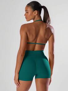 Musera Sport Solid Ruched Bust Open Back Halter Sports Bra, Active Comfy Workout Gym Running Run Club,Padel, Tennis, Pickleball Gym Fitness - Teal Blue - View 2