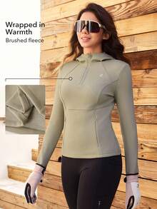 OutZeal Women Soft Warm Fleece Front Half-Zip Thumb Hole Outdoor Sweatshirt Winter Fall Hiking Camping - Khaki - View 2