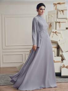 Anewsta Elegant Lightweight Gray Stand Collar Applique Sleeve Pleated Waist Flowing Long Sleeve Dress For Women, Spring/Summer - Light Grey - View 3