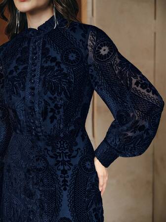 Anewsta Elegant Belted Flocked Floral Print Stand Collar Dress For Women, Navy Blue, Suitable For Fall, Winter, Spring, New Year, Party, Wedding, Elegant, Chic, Stylish, Business Casual, Cozy, Thanksgiving, Work, Going Out