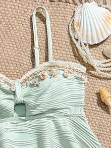 Tween Girl Sage Green 2-Piece Swimwear,Cute Summer Beach Holiday Shell Embroidery Ruffled Tankini,Textured Spaghetti Strap Bikini Bathing Suits Set - Mint Green - View 3