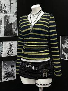 Sunspun 大码女式性感罗纹V领长袖T恤，百搭休闲街头风，适合假日穿着，经典罗纹套头衫 - 彩色 - 查看 3