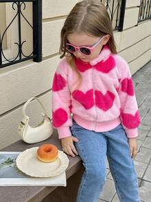Elladie kids Young Girls' Sweet And Cute Heart-Shape Fluffy Zipper Jacket For Daily Casual And Outdoors, Spring Autumn Winter - Pink - View 1