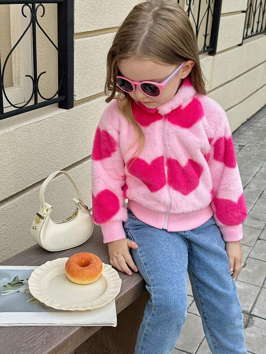 Elladie kids Young Girls' Sweet And Cute Heart-Shape Fluffy Zipper Jacket For Daily Casual And Outdoors, Spring Autumn Winter - Pink - View 1