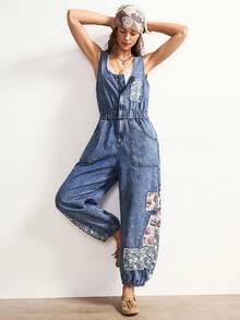 Bohemela 波西米亚风休闲度假风拼接U领破洞牛仔连体裤，女士春夏款 - 藍色 - 查看 3