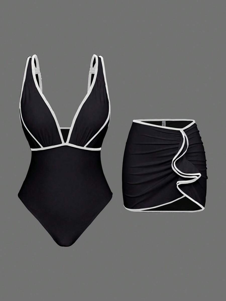 Swim Oasis 女士撞色宽肩带吊带背心式上衣和高开衩褶皱下摆泳裙两件式泳衣 - 黑與白 - 查看 1