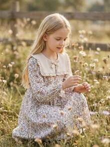 Vintaside Kids Girls' Spring & Autumn Long Sleeve Lapel Dress With Elegant Digital Print, Suitable For Mild Weather Outings, Camping, Vacations, Or Parties - Multicolor - View 4