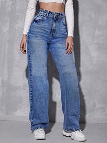 SHEIN Essnce 宽松版型破洞直筒牛仔裤 - 中等水洗藍 - 查看 5