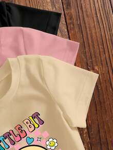 3件套女婴男女通用短袖针织圆领T恤，休闲可爱图案，黑色/米色/粉色，6个月-3岁，适合春夏穿着 - 彩色 - 查看 4