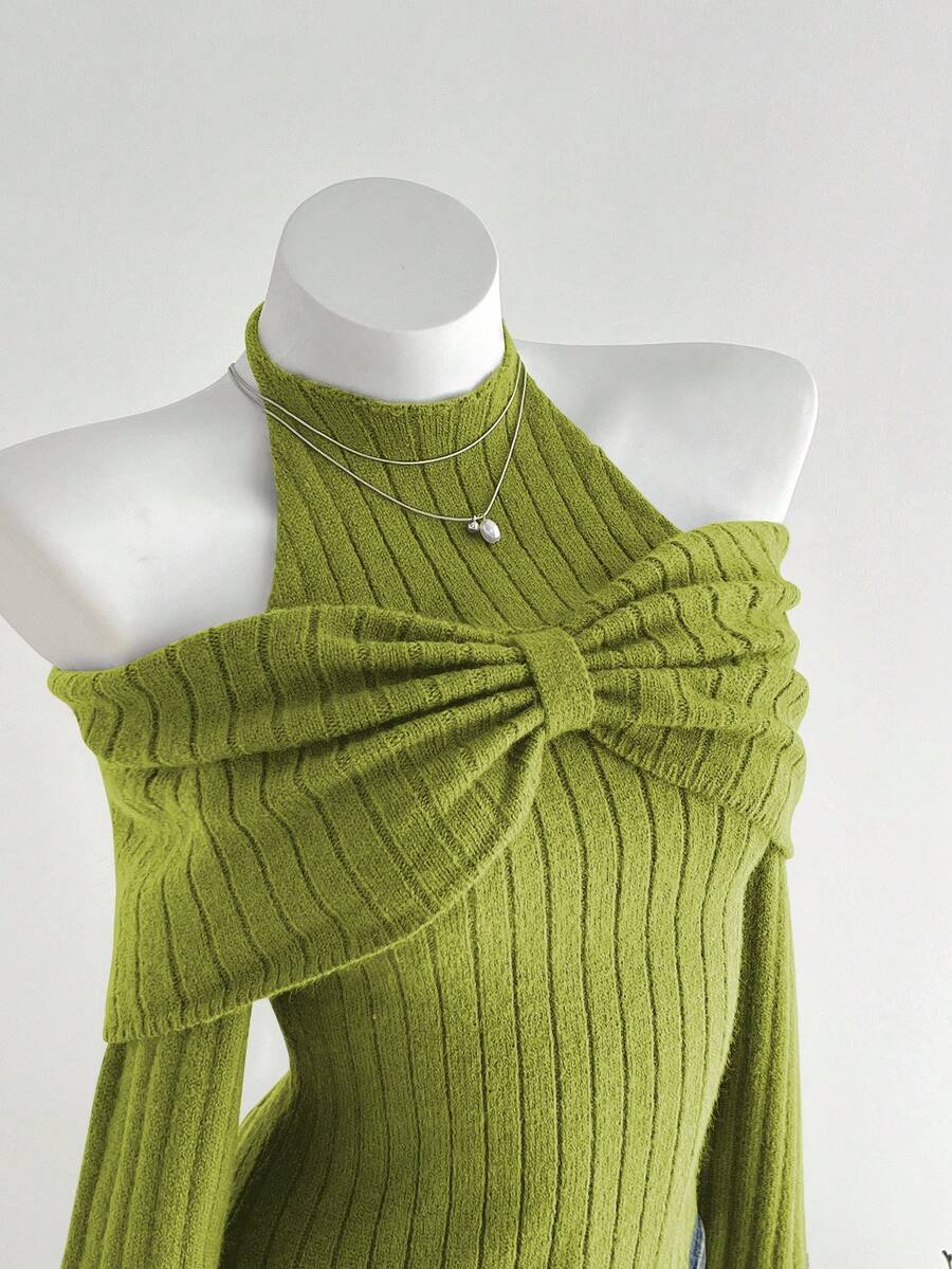 Elamini 1件女士炭灰色个性化精致露肩系带蝴蝶结设计不对称下摆弹力针织休闲毛衣，秋冬款 - 綠色 - 查看 1