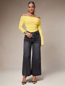 Silquee Bộ đồ liền thân hở vai màu trơn thanh lịch dành cho nữ - Màu vàng - Xem 3