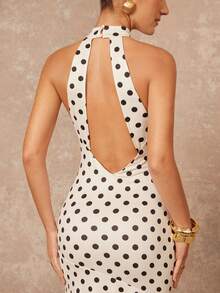 Lumalex Đầm maxi chấm bi cổ yếm hở lưng thanh lịch, ôm eo dành cho nữ, thích hợp dự tiệc và liên hoan. - Màu be - Xem 8