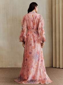 Anewsta Gaun Wanita Elegan Kasual Motif Bunga dengan Hiasan Ruffle di Bagian Bawah, Jubah Jalabiya Mewah, Pakaian Liburan Musim Semi/Panas - Berwarna merah muda - View 4