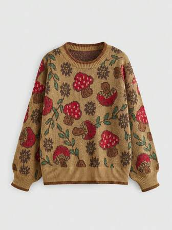 Fairycore Cute Mushroom Print Plus Size Women Crew Neck Long Sleeve Loose Pullover Sweater