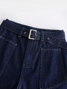 GlowEve 女士休闲水洗高腰阔腿牛仔裤，配腰带 - 藍色 - 查看 3