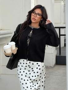 SHEIN EZwear 1 件女士黑色宽松长袖开衫，秋冬季休闲风格 - 黑色 - 查看 5