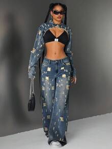 Jeanoix Quần jeans nữ ống rộng, có túi và cúc, kiểu dáng thoải mái, đa năng, thích hợp cho việc đi làm đường phố. - Màu xanh lam - Xem 6