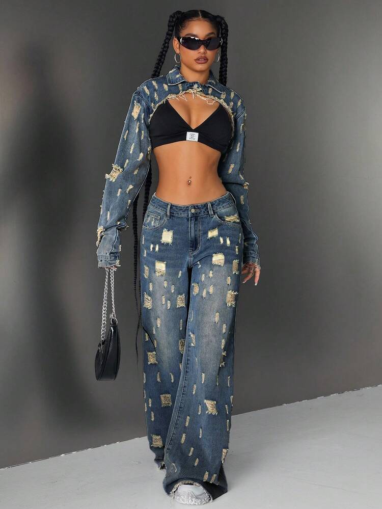 Jeanoix Denim Casuais de Perna Larga com Bolso e Botão, Versáteis para Uso Diário e Trabalho - Azul - Visão 6