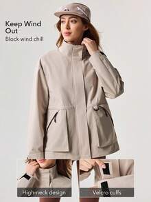 Women Outdoor Jacket Solid Color Hiking Camping Drawstring Waist Hooded Outdoor Top Spring - Khaki - View 3