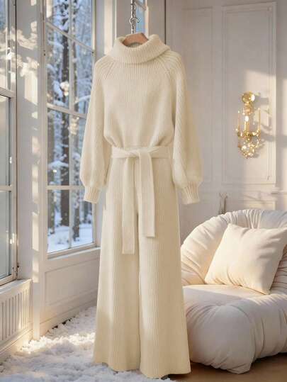 GlowEve CURVE Conjunto de suéter holgado de talla grande con top de cuello alto con lazo de manga larga y pantalones de pierna ancha de punto, conjunto de ropa de invierno