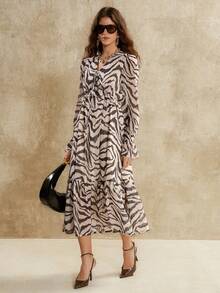 Florisole Women's Chiffon Zebra Print Dress With Ruffled Hem, Pleated Waist, Gathered Neckline, Tie Hem, And Spliced ​​Long Sleeves. New Year Dress Elegant Dresses For Women Women's New Year's Eve Dresses - Black and White - View 6