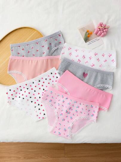 Tween Girls Cotton Panties-7 Pack Assorted Pink Gray White Heart Bow Floral Print Lace Trim Elastic Waist Comfortable Fit Full Coverage Everyday Four Seasons Holiday 2026 Essential Soft Stretch Gentle Care Machine Washable