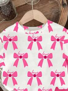 SHEIN 1 Set Baby Girls Casual Fashion Cute Bow Print Round Neck Short Sleeve T-Shirt And Leggings Shorts Set, Knitted Outfit, Spring/Summer, Suitable For Valentine's Day - Multicolor - View 5