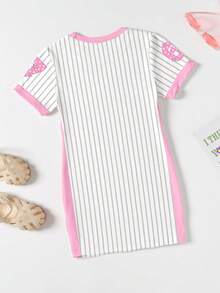 SHEIN 夏秋两季少女休闲时尚创意个性清新简约别致数字67、星星、竖条纹、标语印花舒适短袖T恤裙，适合女孩的温暖夏秋装扮 - 卡其色 - 查看 2