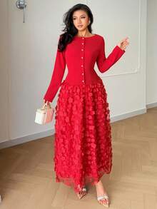 Rafferiza Women's Elegant Romantic Off-Shoulder Long Sleeve Fitted Mesh Floral Patchwork Dress - Pink - View 3
