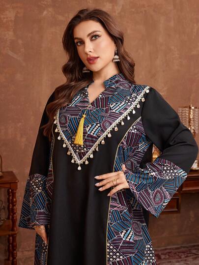 Al Najma Black Patchwork Pattern Random Floral Embroidery Decor Pendant Loose Comfortable Luxury Long Sleeve Arabic Maxi Dress, Plus Size Turkish Abaya Kaftan Jalabiya Dress
