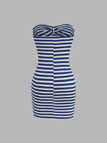 Sweetra Vestido bandeau a rayas para mujer de talla grande, elegante para fiestas y reuniones - Azul - Ver 2