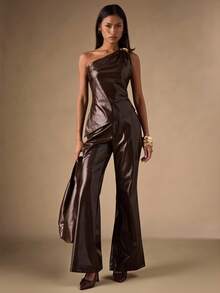 SHEIN BAE 女士纯色金属装饰PU皮革不对称下摆无袖时尚上衣 - 咖啡棕 - 查看 5