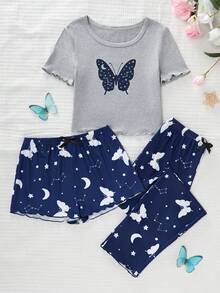 Bộ đồ ngủ 3 món in hình bướm tay ngắn, quần dài màu xanh và quần short cho bé gái - Nhiều màu - Xem 7