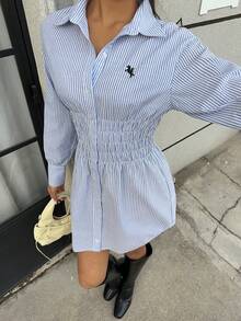 MainGRL Vestido bordado tejido a rayas azules para mujer - Azul y blanco - Ver 3