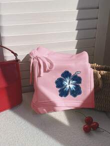 Comfortcana 休闲简约蓝色花卉图案粉色抽绳腰修身短裤 - 淺粉色 - 查看 3