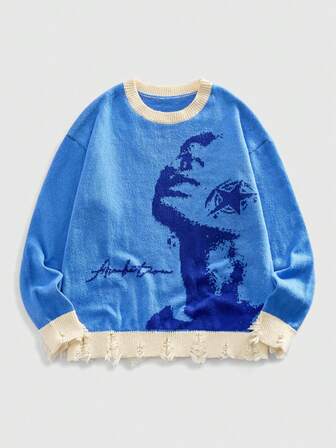 ROMWE Avant Suéter con cuello redondo para hombre con gráfico de retrato desgastado
