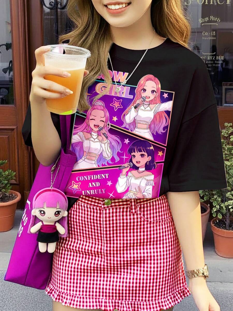 返校季卡通少女渐变紫黑休闲宽松落肩短袖T恤,韩流少女风,适合夏季、校园休闲、运动、户外、街头、居家穿着。 - 彩色 - 查看 1