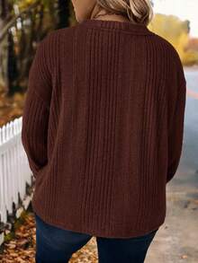 SHEIN LUNE Áo thun gân cài nút màu trơn thường ngày cỡ lớn, mùa thu - Cà phê nâu - Xem 2