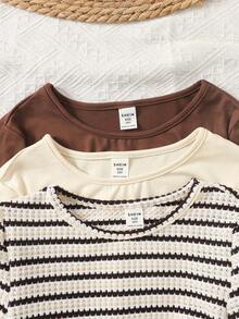 LMoss Kids 3pcs/Set Tween Girls' Solid Color Crew Neck Casual T-Shirts - Brown - View 3