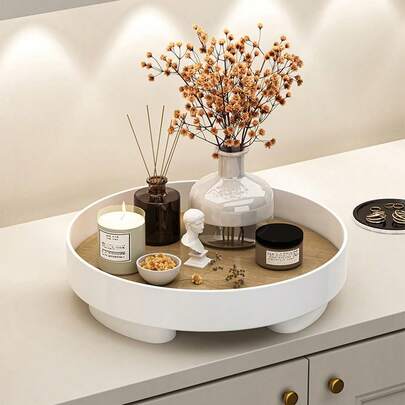 现代简约白色木纹图案装饰托盘，圆形，适用于客厅、玄关等日常使用，是送给女性的返校礼物。
