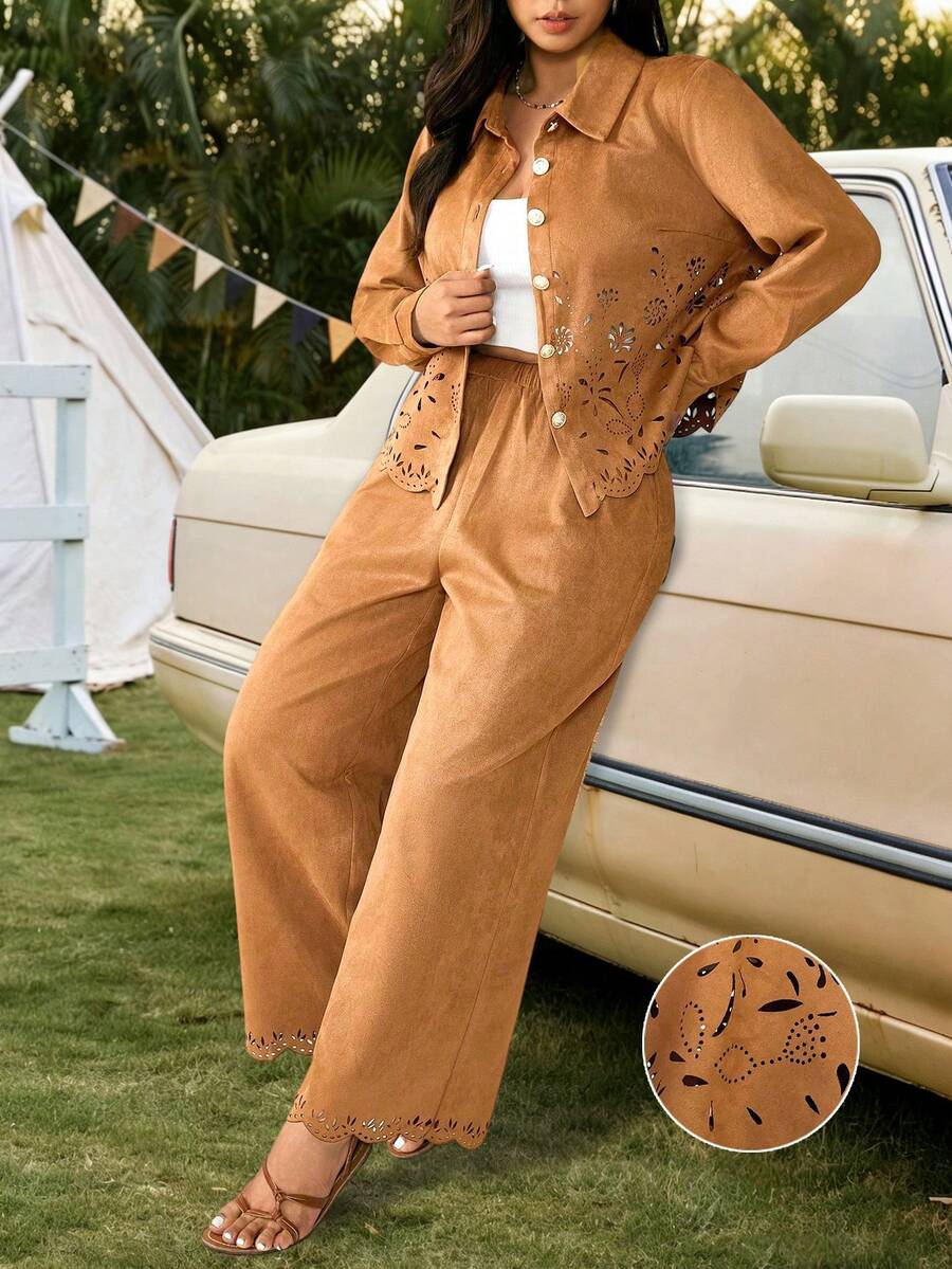SHEIN LUNE Plus Size Brown Suede Fleece Floral Embroidered Shirt Jacket & Straight Leg Pants 2 Piece Set,Winter Boho Vacation Holiday Western Cowboy Outfit - Brown - View 1