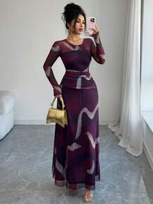 Elenzga Váy maxi dài tay dài dáng chữ A, cổ tròn, xếp ly, xếp ly eo, chất liệu lưới co giãn và vải gân, họa tiết Batik đỏ Angola, phong cách Pháp cổ điển thanh lịch, phù hợp khi đi làm, công sở, nghỉ dưỡng, thường ngày, phong cách đường phố, đa năng, tiệc tùng, giáng sinh, lễ tạ ơn, trà chiều, năm mới, thu đông - Nhiều màu - Xem 8